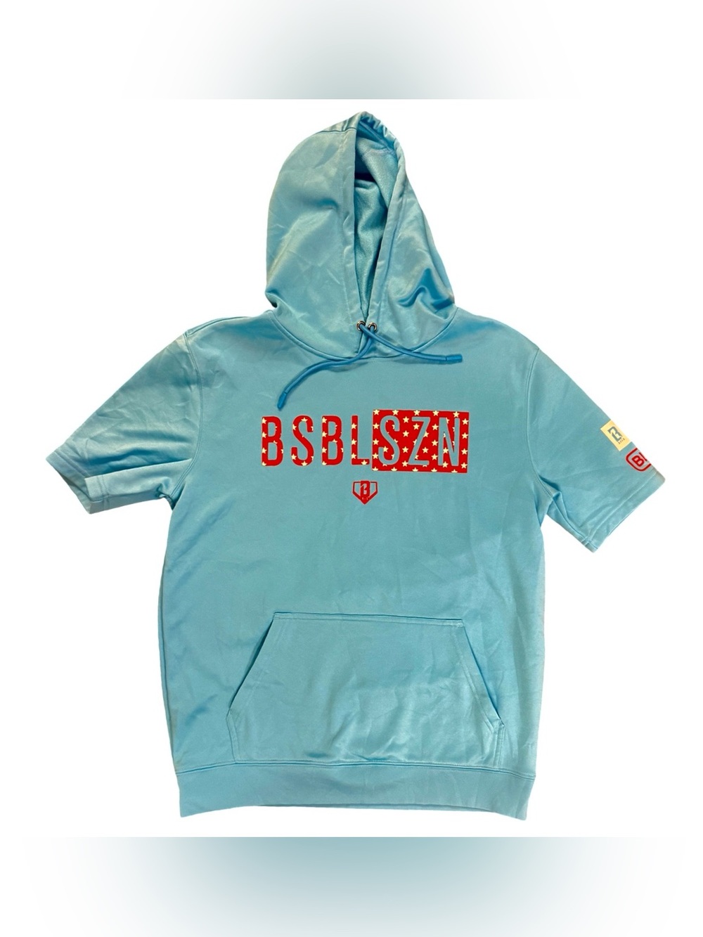 Baseball Lifestyle Light Blue Short-Sleeve Hoodie with Red Star Logo - Adult S